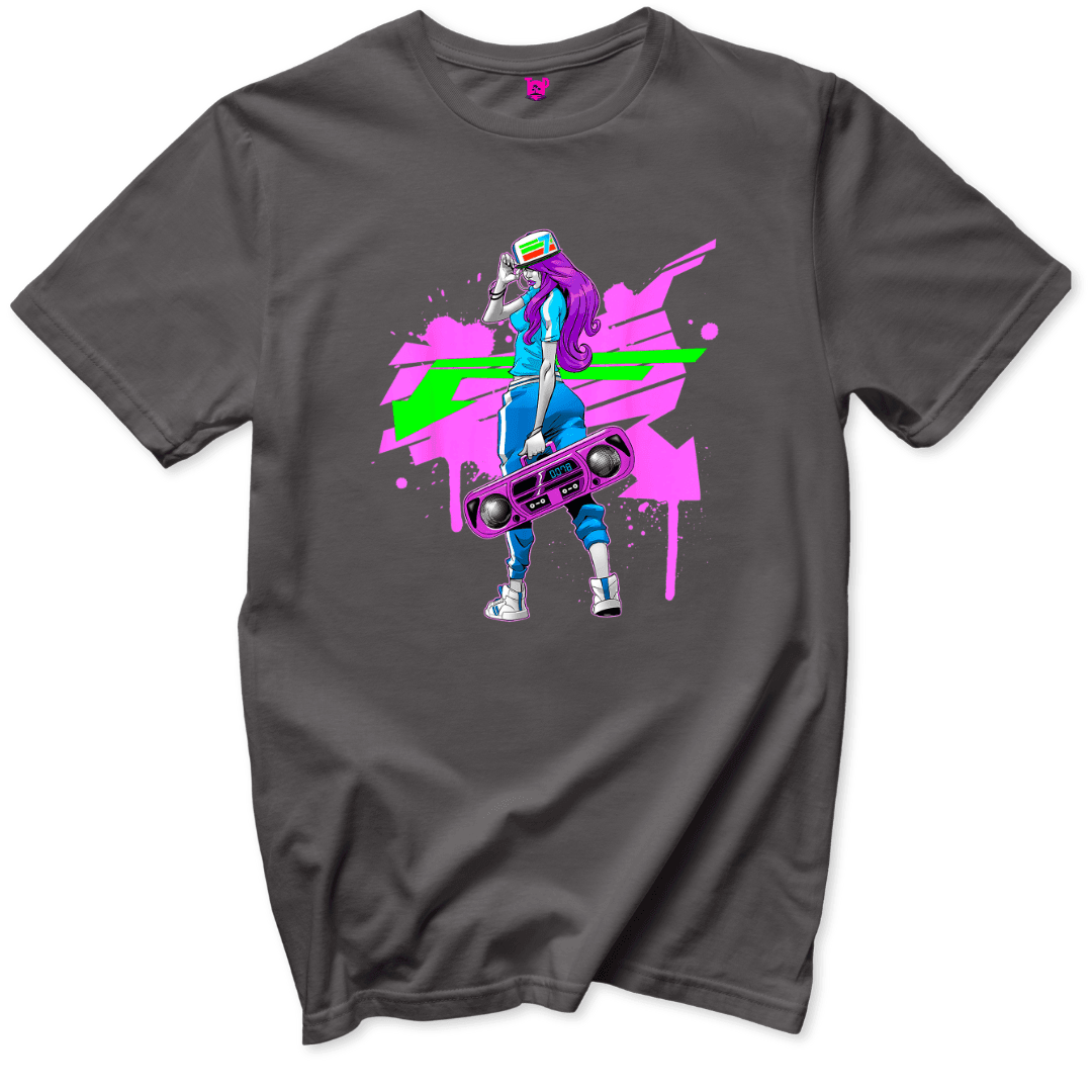 Neon Boombox Girl Retro T-Shirt - Throwback Paradise #