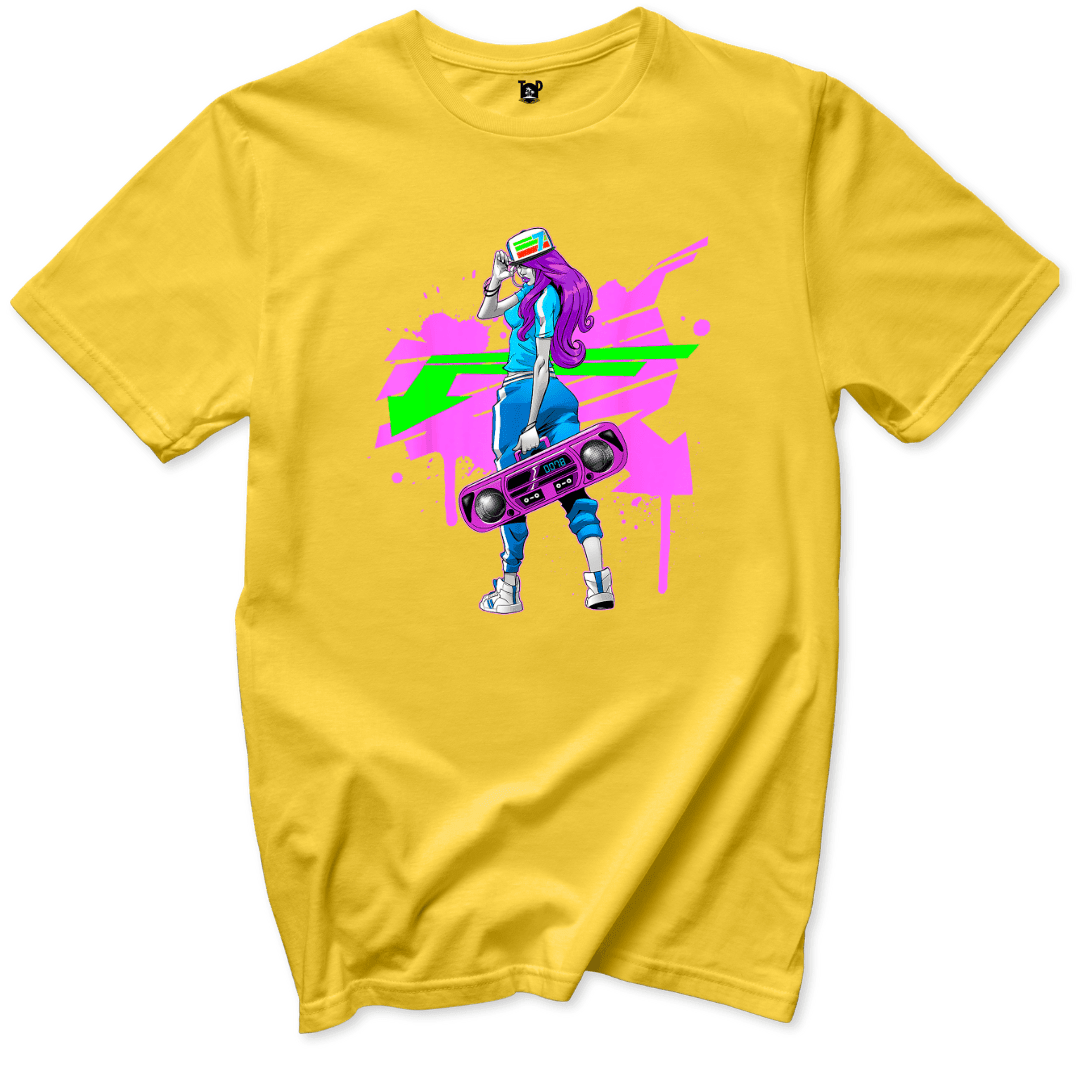 Neon Boombox Girl Retro T-Shirt - Throwback Paradise #