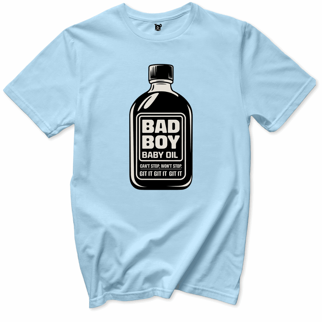 Printify T-Shirts Light Blue / S Bad Boy Baby Oil T-Shirt