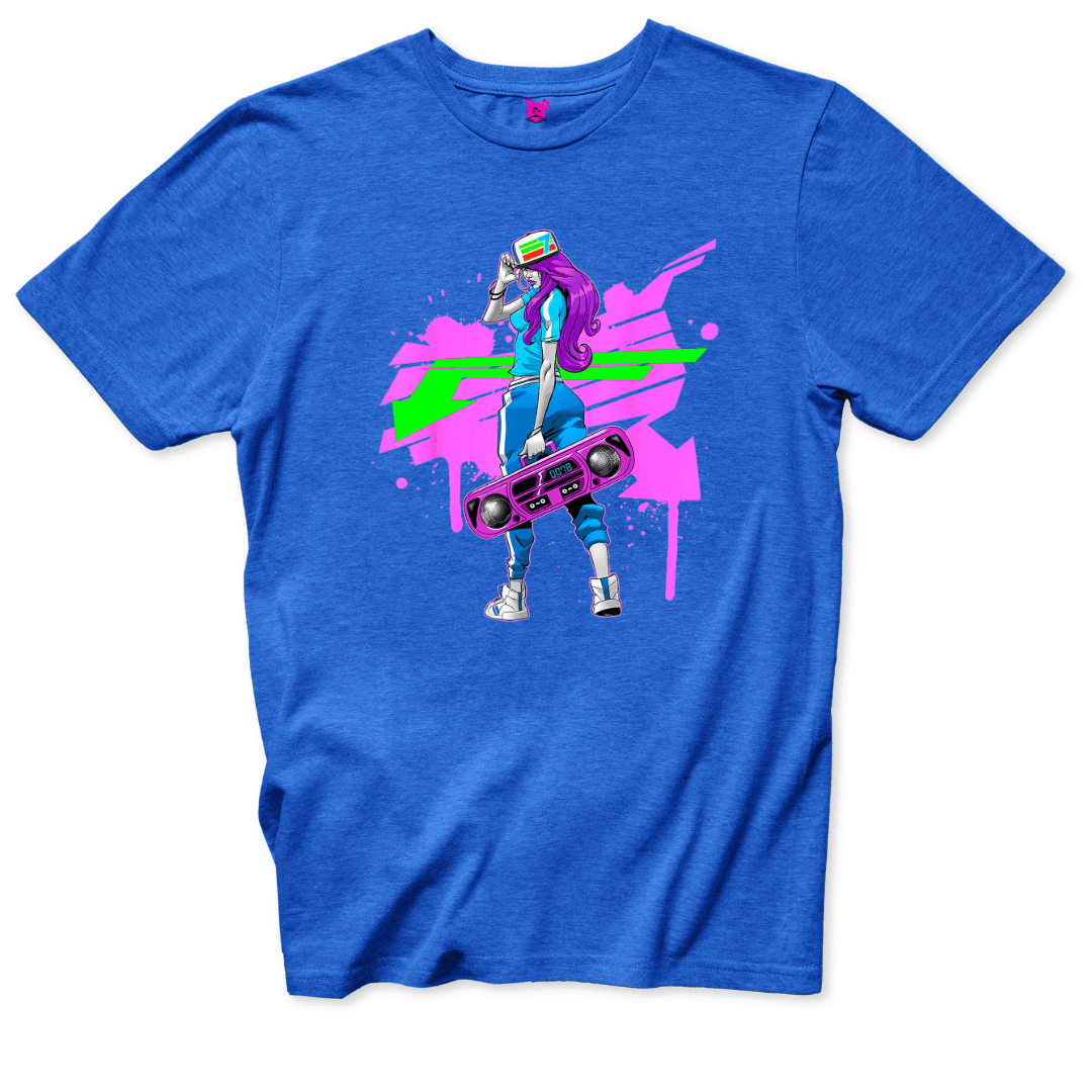 Neon Boombox Girl Retro T-Shirt - Throwback Paradise #