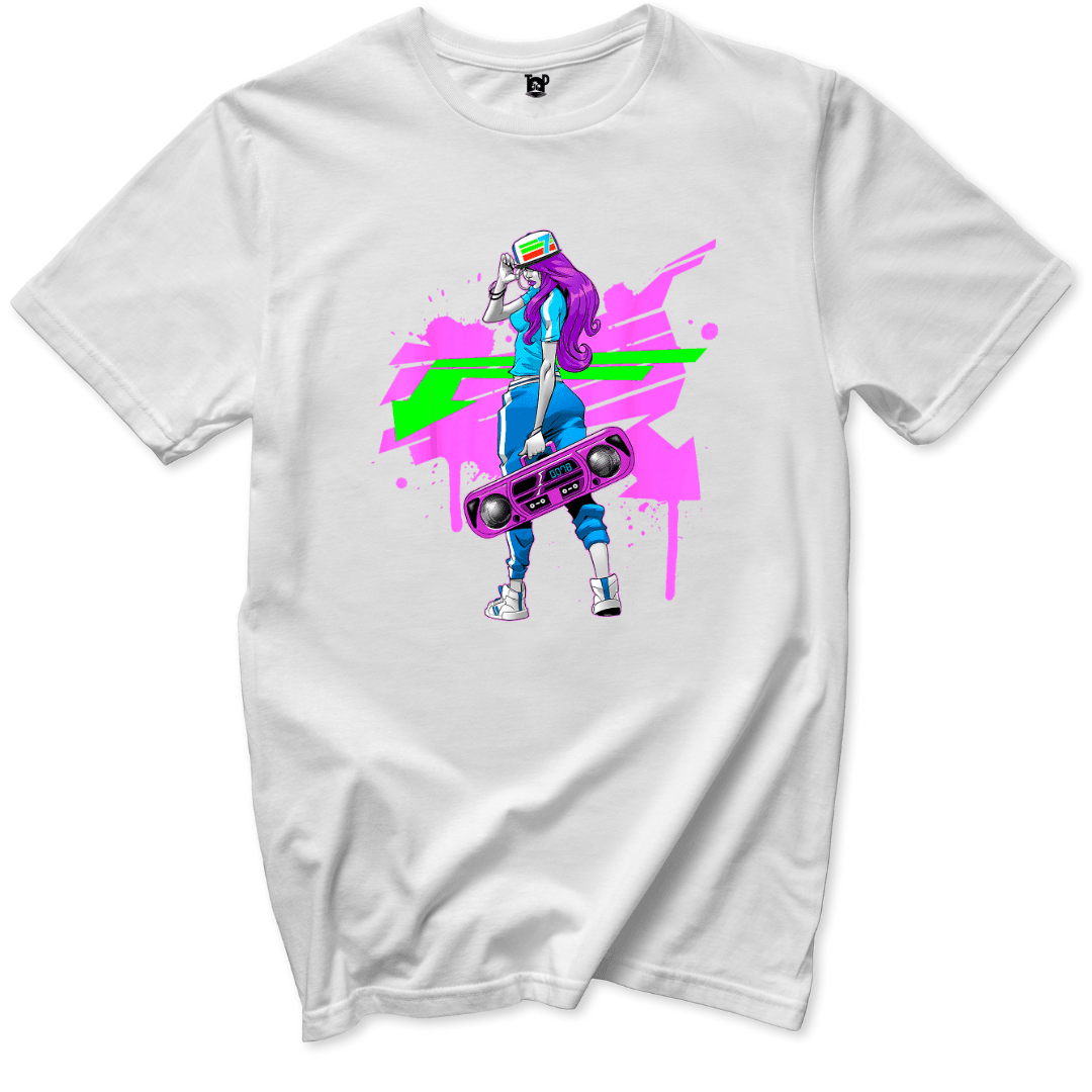 Neon Boombox Girl Retro T-Shirt - Throwback Paradise #